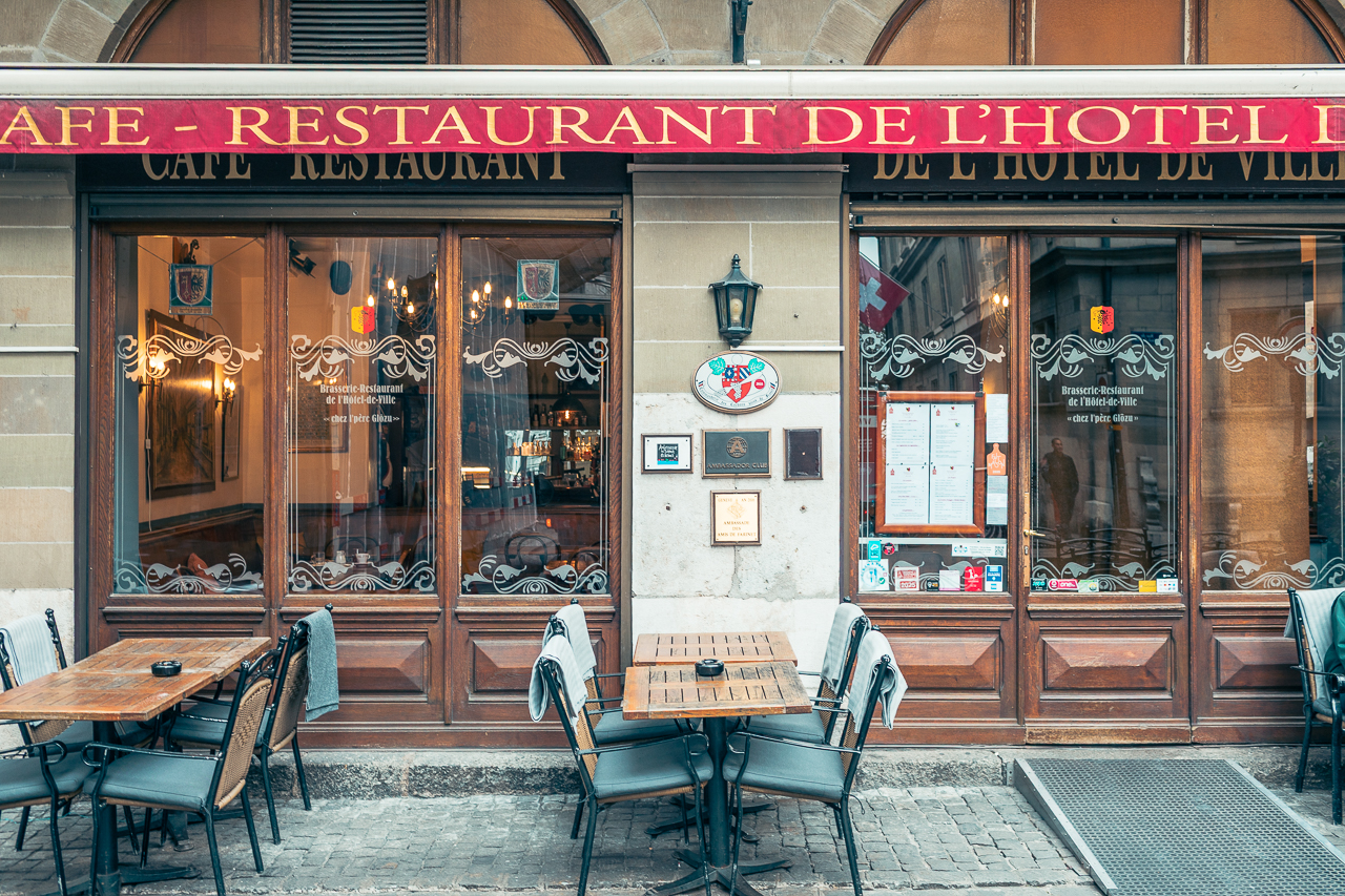 Terrace at Brasserie de l’Hôtel de Ville in Geneva’s Old Town